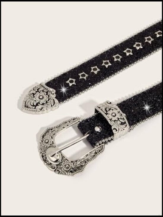 PU Leather Belt with Rhinestone Buckle Y2K Punk Western Style
